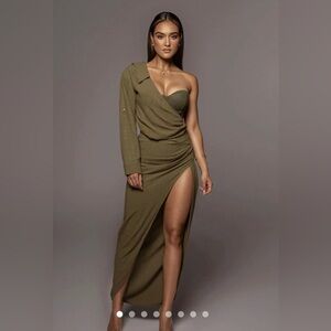 JLUXLABEL Evita Olive One-Shoulder linen Dress